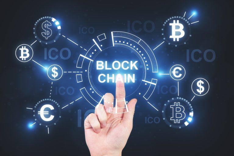 Businessman hand pointing at abstract blockchain hologram.