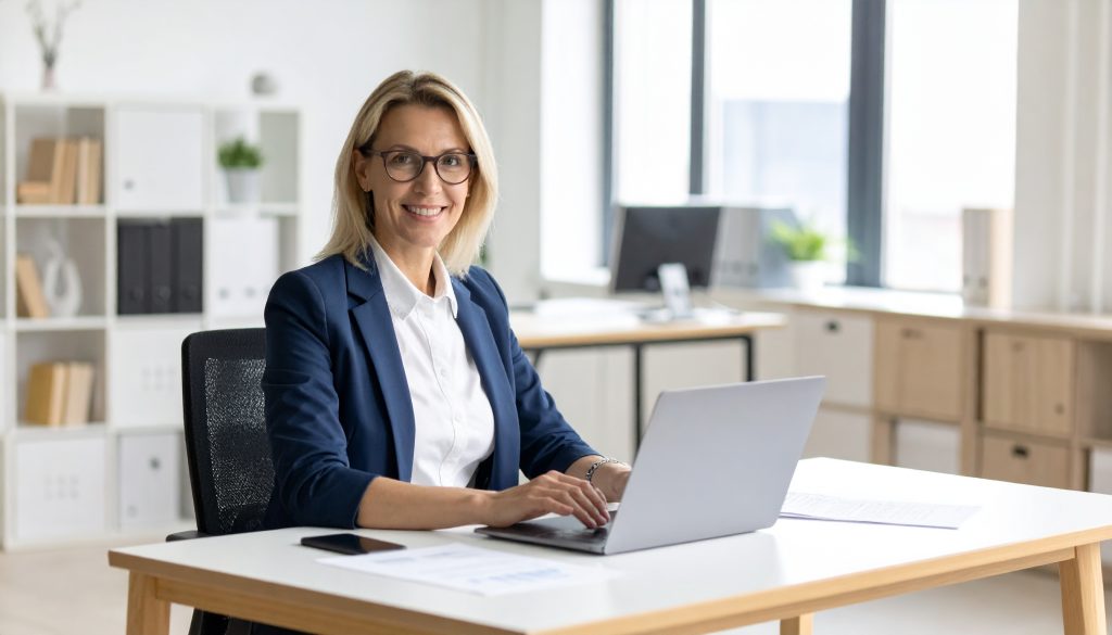 Blonde Frau mit Laptop